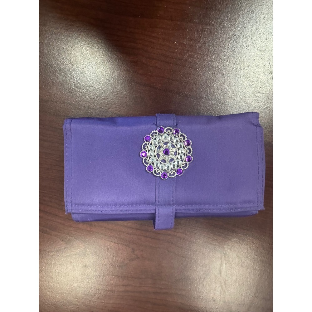 Purple Satin Jewelry Organizer Roll Travel Case Rhinestone Medallion Accent